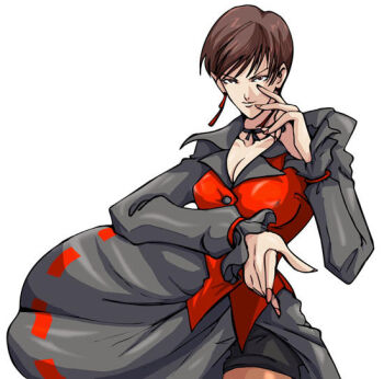 1girl bike_shorts breasts cleavage dress earrings female_focus formal_clothes jewelry large_breasts long_sleeves looking_at_viewer pale_skin short_hair skirt suit the_king_of_fighters thick_thighs thighs vice_(kof)