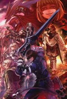 3girls 5boys angel_(drag-on_dragoon) arioch_(drag-on_dragoon) arms_up artist_name blonde_hair brown_hair caim_(drag-on_dragoon) carrying carrying_person child closed_eyes closed_mouth colored_skin commentary_request dagger drag-on_dragoon drag-on_dragoon_1 evil_smile furiae highres holding holding_dagger holding_knife holding_sword holding_weapon inuart knife leonard_(drag-on_dragoon) manah multiple_boys multiple_girls old old_man pointy_ears red_eyes red_skin sa_bakan6 seere_(drag-on_dragoon) short_hair smile sword verdelet watcher_(drag-on_dragoon) watermark weapon white_hair