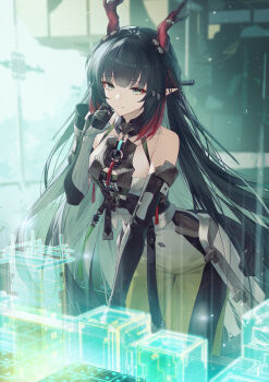 1girl absurdres arknights arknights:_endfield bare_shoulders black_gloves black_hair breasts chinese_commentary closed_mouth colored_inner_hair commentary_request dragon_girl dragon_horns eastern_dragon_horns elbow_gloves eyeshadow gloves gradient_clothes green_eyes green_hair hand_up headgear highres hologram horns jiusan_naitang leaning_forward long_hair looking_at_viewer makeup medium_breasts multicolored_hair orange_pupils pointy_ears red_eyeshadow red_horns sidelocks smile solo streaked_hair very_long_hair zhuang_fangyi_(arknights)