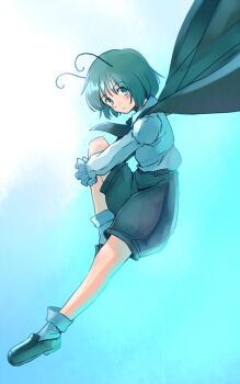 1girl antennae black_cape black_shoes black_shorts blue_background cape collared_shirt commentary_request full_body green_eyes green_hair holding_own_leg juliet_sleeves knees_up long_sleeves one-hour_drawing_challenge outstretched_leg puffy_sleeves rangycrow shirt shoes short_hair shorts sideways_glance socks solo touhou white_shirt white_socks wriggle_nightbug