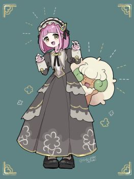 1girl arched_bangs black_bow black_dress blush bow brown_eyes brown_hair dress full_body gen_5_pokemon green_eyes hair_ornament headdress highres juliet_sleeves lacey_(fall_2025)_(pokemon) lacey_(pokemon) long_sleeves looking_at_viewer maid maid_headdress nintendo official_alternate_costume open_mouth pantyhose pink_hair pokemon pokemon_(creature) pokemon_masters_ex puffy_sleeves saki_pokeoekaki shoes short_hair smile whimsicott
