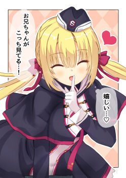 Rule 34 | 1girl, :d, ^ ^, argyle background, arihara nanami, black capelet, black dress, black hat, blonde hair, blunt bangs, blush, border, bow, buttons, capelet, closed eyes, commentary request, cowboy shot, double-breasted, dress, eyes visible through hair, facing viewer, finger to mouth, garrison cap, gloves, hair between eyes, hair bow, hair ribbon, hand up, happy, hat, heart, highres, index finger raised, leaning forward, long hair, long sleeves, low twintails, nowa2109, open mouth, outline, outside border, partial commentary, pink background, red bow, red ribbon, ribbon, riddle joker, sidelocks, simple background, smile, solo, speech bubble, thought bubble, translation request, twintails, white border, white gloves, white outline