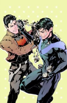 2boys artist_name batman_(series) belt black_belt black_bodysuit black_hair black_pants black_shirt blue_bodysuit bodysuit boots brothers brown_jacket covered_abs cupcake dc_comics dick_grayson evinist food food_on_face green_background highres holding holding_food holster jacket jason_todd large_pectorals male_focus multicolored_bodysuit multicolored_hair multiple_boys muscular muscular_male nightwing one_eye_closed open_clothes open_jacket pants pectorals red_hood_(dc) shirt short_hair siblings simple_background smile two-tone_bodysuit two-tone_hair white_hair