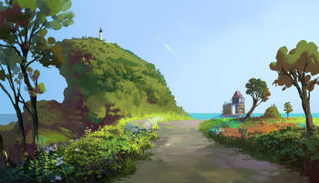 blue_sky building bush day highres house lighthouse no_humans ocean original path road scenery shadow shore sky sleeveless slow_d sunlight tower tree water