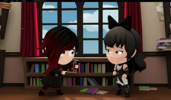 2girls 3d @_@ angry animated animated_gif bed black_hair blake_belladonna book bookshelf bunk_bed chibi cloud defeat full_body indoors long_hair multiple_girls red_hair ruby_rose rwby rwby_chibi short_hair sky slapping unconscious window wooden_floor
