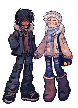 Rule 34 | 2boys, artist request, black hair, black jacket, black pants, black shoes, blue eyes, blue scarf, boots, brown boots, brown jacket, character request, commentary request, dark-skinned male, dark skin, deformed, fur-trimmed jacket, fur trim, hand in pocket, hashtag-only commentary, highres, holding hands, hood, hooded jacket, interracial, jacket, multiple boys, pants, scarf, shoes, short hair, white hair, yellow eyes, zipper