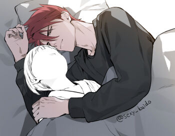 2boys alternate_costume artist_name bed bed_sheet black_shirt blanket bob_cut closed_mouth collarbone contemporary couple eyes_visible_through_hair faceless faceless_male fingernails from_above from_side grey_eyes hair_between_eyes hair_ornament hair_over_eyes hair_over_one_eye half-closed_eyes hand_up head_on_pillow height_difference hug hug_from_side japanese_clothes kimono light_smile long_sleeves looking_at_another looking_up lying lying_on_another lying_on_person male_focus male_saniwa_(touken_ranbu) multiple_boys on_back on_bed on_side ookanehira_(touken_ranbu) pajamas partially_colored pillow red_hair saniwa_(touken_ranbu) sexy_kaido shadow shirt short_hair sideburns signature simple_background size_difference sleepwear smile spiked_hair sunlight t-shirt touken_ranbu twitter_username under_covers upper_body white_background yaoi