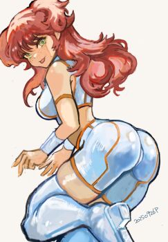 1girl ass blush breasts freckles green_eyes gundam gundam_00 highres large_breasts long_hair midriff nena_trinity okrdisk2000 red_hair shorts simple_background smile solo thighhighs two_side_up white_background white_shorts