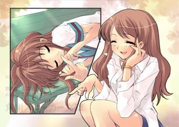 Rule 34 | 2girls, asahina mikuru, asahina mikuru (adult), bench, border, bracelet, brown hair, closed eyes, commentary request, dual persona, ito noizi, jewelry, kita high school uniform, lipstick, long hair, long sleeves, lying, makeup, multiple girls, novel illustration, official art, on side, orange border, park bench, pencil skirt, school uniform, second-party source, serafuku, short sleeves, skirt, sleeping, spoilers, squatting, summer uniform, suzumiya haruhi no yuuutsu, time paradox