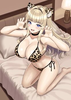 1girl absurdres animal_ears animal_print bed bikini blonde_hair blue_eyes breasts cleavage curled_fingers damuko_(kxmx4323) dolphin_wave highres kirahoshi_kanna lamp large_breasts leopard_ears leopard_print leopard_print_bikini long_hair print_bikini side-tie_bikini_bottom smile solo swimsuit