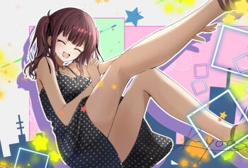 1girl :d ^_^ bare_arms bare_legs bare_shoulders black_dress blunt_bangs blush bracelet breasts brown_hair closed_eyes commentary_request dress facing_viewer feet_out_of_frame hair_ribbon hand_up happy jewelry k-yous knees_up leg_up medium_breasts medium_hair mole mole_under_eye natsuki_karin necklace open_mouth outline polka_dot polka_dot_dress ribbon short_dress sidelocks signature smile solo spaghetti_strap synthesizer_v thighs twintails white_outline