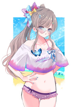 1girl absurdres bad_id bad_twitter_id beach bikini bikini_under_clothes blue_nails bow cowboy_shot crop_top crop_top_overhang cropped_shirt earrings frilled_bikini frills grey_hair hair_bow hair_ornament hairclip hands_on_own_hips heart heart-shaped_eyewear highres idolmaster idolmaster_shiny_colors jewelry kasasabinet long_hair looking_at_viewer multiple_hair_bows nail_polish navel off-shoulder_shirt off_shoulder parted_lips ponytail purple_bikini purple_eyes shirt short_sleeves sidelocks solo sunglasses swimsuit tinted_eyewear white_shirt yukoku_kiriko