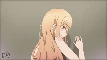 1girl against_wall animated animated_gif ass black_panties blonde_hair breasts butt_crack colored_tips come_hither commentary earrings english_commentary garter_straps jewelry keihh kitagawa_marin kneepits long_hair looking_at_viewer looking_back looping_animation medium_breasts multicolored_hair panties piercing red_eyes red_hair seductive_smile slideshow_animation smile solo sono_bisque_doll_wa_koi_wo_suru thighs underwear