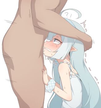 1boy 1girl antenna_hair bare_shoulders blue_eyes blue_hair breasts constricted_pupils crying crying_with_eyes_open cum cum_in_mouth deepthroat ejaculation empty_eyes fellatio female_tyrant_(stella_sora) from_side hetero irrumatio jallass loli long_hair looking_at_another matching_hair/eyes oral pointy_ears profile rape scared shirt simple_background sleeveless sleeveless_shirt small_breasts solo_focus stella_sora tears tyrant_(stella_sora) variant_set white_background white_shirt
