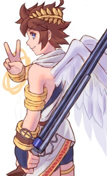 1boy absurdres ahoge angel angel_wings aoyagi_0 bike_shorts blue_eyes brown_hair cowboy_shot flintlock_staff_(kid_icarus) from_behind highres kid_icarus kid_icarus_uprising laurel_crown looking_at_viewer male_focus nintendo pit_(kid_icarus) simple_background solo v white_background wings