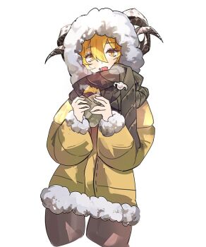 1girl :d animal_pin blonde_hair brown_scarf don_quixote_(project_moon) fang food hair_between_eyes heishou_pack-wei_branch_(identity)_(project_moon) holding holding_food hood hood_up horns hoyeonbns jacket limbus_company long_sleeves looking_at_viewer open_mouth project_moon roasted_sweet_potato scarf sheep_girl sheep_horns simple_background skin_fang smile solo sweet_potato white_background yellow_eyes yellow_jacket