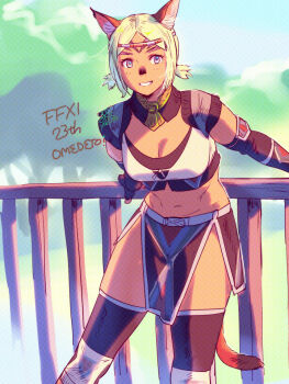 1girl adventurer_(ff11) animal_ears black_gloves blonde_hair breasts cat_ears cat_girl cat_tail cleavage cleavage_cutout clothing_cutout commentary dark-skinned_female dark_skin elbow_gloves facial_mark final_fantasy final_fantasy_xi fingerless_gloves gloves grin large_breasts leaning_forward loincloth looking_at_viewer mithra_(ff11) navel no_eyebrows railing sky smile solo tail yuccoshi