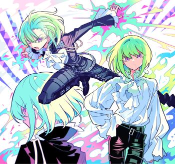 1boy androgynous ascot belt black_belt black_jacket closed_mouth collared_shirt commentary_request cowboy_shot dynamic_pose fire green_fire green_hair hand_on_own_hip highres jacket korean_commentary leather leather_pants lio_fotia long_sleeves looking_at_viewer looking_back male_focus meremero multiple_views open_mouth pants promare puffy_long_sleeves puffy_sleeves purple_eyes pyrokinesis shirt short_hair sidelocks standing white_ascot white_shirt