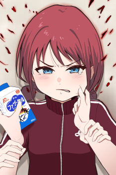 2girls angry blue_eyes blush brown_hair cheek_pull commentary drink_carton girls_band_cry highres holding holding_milk_carton iseri_nina jacket kawaragi_momoka low_twintails milk_carton multiple_girls red_jacket short_hair short_twintails twintails udon_f zipper