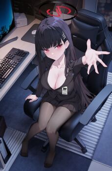 1girl absurdres black_hair black_jacket black_pantyhose black_skirt blue_archive blunt_bangs blush breasts chair cleavage closed_mouth computer computer_keyboard from_above full_body heiyizhushenxia highres id_card indoors jacket large_breasts long_hair looking_at_viewer monitor no_shirt no_shoes office_chair on_chair pantyhose reaching reaching_towards_viewer red_eyes rio_(blue_archive) sidelocks sitting skirt solo swivel_chair