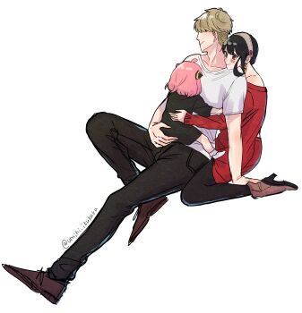 1boy 2girls ahoge anya_(spy_x_family) bare_shoulders black_dress black_hair black_pants black_pantyhose blonde_hair blush boots brown_boots brown_shoes child dress earrings full_body gold_earrings hair_over_eyes hairpods highres hug hug_from_behind jewelry long_hair medium_hair multiple_girls off-shoulder_dress off_shoulder pants pantyhose pink_hair red_dress shirt shoes short_hair sidelocks sitting smile socks spy_x_family sweater sweater_dress t-shirt twilight_(spy_x_family) twitter_username umini_ikukara updo white_background white_hair white_shirt white_socks yor_briar