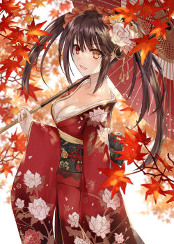1girl :d asle autumn_leaves black_hair breasts cleavage clock_eyes collarbone commentary commentary_request date_a_live floral_print from_side hand_fan heterochromia highres holding holding_umbrella japanese_clothes kimono leaf long_hair long_sleeves maple_leaf medium_breasts obi oil-paper_umbrella open_mouth paper_fan print_kimono red_eyes red_kimono sash smile solo standing symbol-only_commentary symbol-shaped_pupils tokisaki_kurumi tokisaki_kurumi_(spirit) twintails uchiwa umbrella v-shaped_eyebrows white_background wide_sleeves yellow_eyes