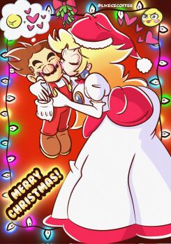 1boy 1girl annoyed blush breasts brooch brown_hair christmas christmas_lights closed_eyes dress earrings facial_hair fire_mario fire_peach gloves hat hetero highres hug ilikeicecoffee image_sample jewelry kiss kissing_cheek mario mario_(series) md5_mismatch merry_christmas mustache nintendo princess_peach resolution_mismatch santa_hat source_larger super_mario_3d_world twitter_sample white_dress