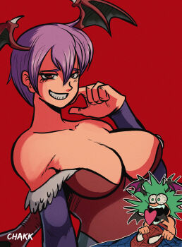 2girls absurdres alternate_breast_size_(larger) artist_name bare_shoulders breasts bridal_gauntlets bulging_eyes chakkrx cleavage collarbone darkstalkers demon_girl demon_wings fur_trim green_hair head_wings highres leotard lilith_(darkstalkers) marvel morrigan_aensland multiple_girls purple_hair red_background red_eyes red_leotard short_hair smile smirk spider-man_(series) strapless strapless_leotard surprised tongue tongue_out wide-eyed wings