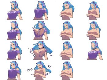 1girl absurdres animal_ear_headphones animal_ears bare_shoulders blue_eyes blue_hair blush bra breasts breasts_squeezed_together cat_ear_headphones cat_ears cleavage embarrassed exploding_clothes fake_animal_ears headphones highres inverted_nipples large_breasts long_hair nani navel non-web_source open_mouth purple_shirt shirt simple_background smile solo sprite_sheet underwear vst