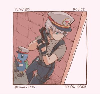 1girl grey_hair gun handgun hat highres holding holding_gun holding_weapon hololive hololive_indonesia holster kyoraku_(weng3133) merakyat_(pavolia_reine) pavolia_reine peahen police police_hat police_uniform virtual_youtuber walkie-talkie wall weapon