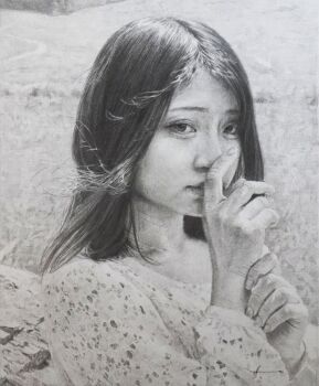 1girl absurdres asian black_hair commentary_request finger_to_mouth grey_background greyscale highres index_finger_raised looking_at_viewer monochrome naohiro_ito oil_painting_(medium) original painting_(medium) photorealistic realistic solo traditional_media