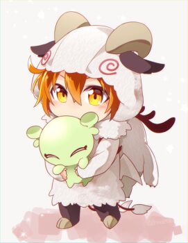 0nodera 1girl blush cernunnos_(fate) cernunnos_(fate)_(cosplay) chibi chibi_only commentary_request con_(fate) cosplay fate/grand_order fate_(series) fujimaru_ritsuka_(female) grey_background holding hood hood_up long_sleeves orange_eyes orange_hair short_hair solo_focus