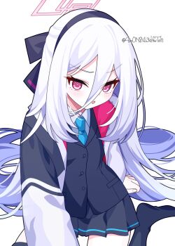 1girl 4rion :o absurdres black_bow black_hairband black_skirt black_vest blue_archive blue_necktie blush bow collared_shirt commentary cowboy_shot double-parted_bangs frown hair_between_eyes hair_bow hair_spread_out hairband half_updo halo highres jacket kei_(blue_archive) kei_(new_body)_(blue_archive) long_hair long_hair_between_eyes looking_at_viewer miniskirt necktie no_shoes open_clothes open_jacket open_mouth pink_halo pleated_skirt rectangular_halo red_eyes ringed_eyes school_uniform shirt sidelocks simple_background sitting skirt solo straight_hair twitter_username v-shaped_eyebrows very_long_hair vest wariza white_background white_hair white_jacket white_shirt