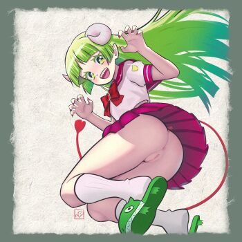 1girl absurdres anus artist_logo ass blush demon_girl demon_horns demon_tail elementary_(lolipope) eyebrows_hidden_by_hair fingernails flat_chest full_body green_eyes green_hair green_slippers heart heart_tail highres horns jumping logo long_hair looking_at_viewer mairimashita!_iruma-kun nail_polish no_panties open_mouth pussy red_skirt school_uniform sharp_fingernails sharp_teeth shirt simple_background skirt slippers smile socks solo tail teeth thick_eyelashes uncensored upper_teeth_only valac_clara white_background white_shirt white_socks