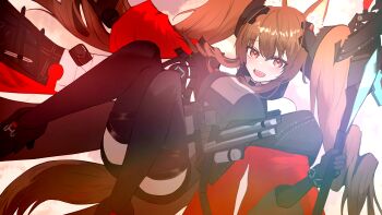 Rule 34 | 1girl, :d, absurdres, angelina (arknights), animal ear fluff, animal ears, arknights, arknights: endfield, bare shoulders, black boots, black gloves, black thighhighs, bloom, blush, boots, bracelet, breasts, brown hair, coat, commentary, diamond-shaped pupils, diamond (shape), dress, elbow gloves, feet out of frame, fold-over boots, fox ears, fox girl, fox tail, gilberta (arknights), gloves, grey dress, hair between eyes, headpiece, high collar, highres, holding, holding staff, infection monitor (arknights), jewelry, long hair, long sidelocks, long sleeves, looking at viewer, medium breasts, nikaidou tetsuo, open clothes, open coat, open mouth, red coat, red eyes, short dress, sidelocks, smile, solo, staff, symbol-shaped pupils, tail, teeth, thighhighs, twintails, upper teeth only, very long hair, zettai ryouiki