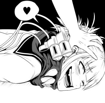 1girl 1other blush boku_no_hero_academia commentary_request fangs galois greyscale hair_bun hand_on_another's_head head_pinned_down heart lying monochrome on_stomach open_mouth rolling_eyes sailor_collar school_uniform serafuku smile spoken_heart sweat toga_himiko