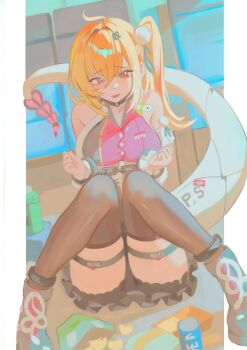 1girl ahoge bag_of_chips bare_shoulders black_shoes black_skirt blonde_hair breasts brown_thighhighs can chalky_(zenless_zone_zero) chips_(food) cissia_(zenless_zone_zero) commentary crunchy_(namtaehyeon1234) cuffs detached_sleeves food hair_between_eyes hair_ornament hairclip handcuffs highres knees_up large_breasts long_hair looking_at_viewer open_mouth pom_pom_(clothes) pom_pom_hair_ornament red_eyes revision shoes sitting skirt snake snake_girl snake_tail soda tail thighhighs untranslatable_commentary white_snake zenless_zone_zero