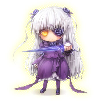 Rule 34 | 1girl, barasuishou, blue eyes, blush, boots, chibi, chibi only, closed mouth, commentary request, crystal, crystal sword, flower, flower eyepatch, frilled shirt, frilled skirt, frills, full body, gem, holding, holding sword, holding weapon, lolita fashion, long hair, looking at viewer, misaki (kyal 001), purple boots, purple flower, purple gemstone, purple rose, purple shirt, purple skirt, rose, rozen maiden, shirt, skirt, smile, solo, standing, sword, very long hair, weapon, white background, white hair, yellow eyes