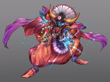 Rule 34 | 1boy, absurdres, black helmet, black nails, blue skin, bracelet, cape, colored skin, commentary request, dragon quest, dragon quest iii, fake horns, fingernails, floating cape, floating neckwear, full body, glowing, glowing eye, gold bracelet, grey background, helmet, highres, horned helmet, horns, incoming attack, jewelry, kurosaki yo, male focus, multiple bracelets, multiple rings, necklace, no pupils, one eye in shadow, open mouth, orange robe, orange shoes, partial commentary, pointy shoes, purple cape, red cape, red eyes, ring, robe, sharp fingernails, sharp teeth, shoes, skull necklace, solo, teeth, third eye, two-sided cape, two-sided fabric, zoma