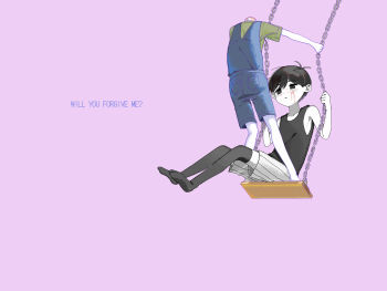 2boys absurdres antenna_hair barefoot basil_(headspace)_(omori) basil_(omori) black_tank_top black_thighhighs blood blood_on_face blue_overalls double-parted_bangs english_text green_shirt hair_between_eyes hato_popo_37 headless highres male_focus multiple_boys omori omori_(omori) on_swing overall_shorts overalls parted_lips purple_background shirt short_hair short_sleeves shorts simple_background sitting spoilers standing striped_clothes striped_shorts swing t-shirt tank_top thighhighs vertical-striped_clothes vertical-striped_shorts white_shorts