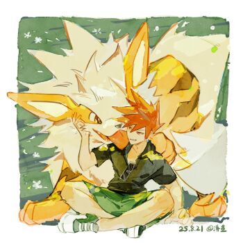 1boy absurdres arcanine arm_up black_shirt blue_oak border brown_eyes brown_hair collared_shirt commentary dated fiy1827565 gen_1_pokemon green_shorts highres indian_style looking_to_the_side male_focus nintendo open_collar pokemon pokemon_(creature) pokemon_sm shirt short_sleeves shorts sitting smile spiked_hair symbol-only_commentary tongue tongue_out unworn_eyewear white_border