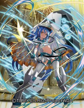 1girl blue_hair breasts closed_mouth copyright_notice deus_(wixoss) elbow_gloves gloves hat holding holding_sword holding_weapon looking_at_viewer medium_hair miniskirt moreshan navel official_art red_eyes skirt small_breasts smile solo strapless sword thighhighs tube_top weapon white_gloves white_hat white_skirt white_thighhighs white_tube_top wixoss