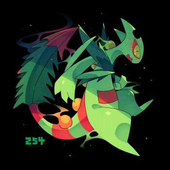 black_hair colored_sclera colored_skin full_body gen_3_pokemon green_skin green_tail highres mega_pokemon mega_sceptile nintendo pokedex_number pokemon pokemon_(creature) profile sceptile simple_background solo yellow_sclera z20240601