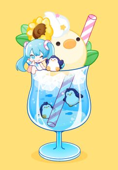 Rule 34 | 1girl, absurdres, animal-themed food, barefoot, bird, blue eyes, blue hair, botausaa, chibi, chibi only, commentary request, cup, dress, drinking straw, finger to cheek, flower, food, hair ornament, hatsune miku, highres, ice, ice cream, ice cream float, ice cube, index finger raised, lifebuoy hair ornament, long hair, mini person, minigirl, one eye closed, oversized food, oversized object, penguin, sailor collar, sailor dress, sleeveless, sleeveless dress, soda, solo, star (symbol), sunflower, twintails, underwater, very long hair, vocaloid, whipped cream, yellow background