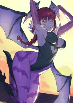 1girl absurdres animal_print bare_shoulders bat_print bat_wings black_leotard braid braided_ponytail breasts bridal_gauntlets chainsaw_man chilicayenne2d cleavage clothing_cutout cosplay cutout_above_navel darkstalkers demon_girl feather-trimmed_leotard full_moon fur-trimmed_leotard fur_trim head_wings heart_cutout highleg highleg_leotard highres large_breasts leotard long_hair looking_at_viewer low_wings makima_(chainsaw_man) medium_breasts medium_hair moon moonlight morrigan_aensland morrigan_aensland_(cosplay) night night_sky off-shoulder_leotard outdoors pantyhose print_pantyhose purple_pantyhose purple_wings red_hair ringed_eyes sidelocks sky smile solo star_(sky) wings yellow_eyes