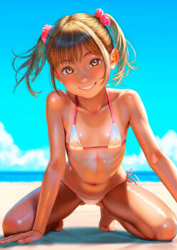 1girl barefoot beach bikini blue_sky brown_eyes brown_hair collarbone commentary_request day flat_chest full_body grin highres loli looking_at_viewer navel ocean original outdoors parted_lips side-tie_bikini_bottom sky smile solo swimsuit tan tanline toes twintails uzuki_mei white_bikini