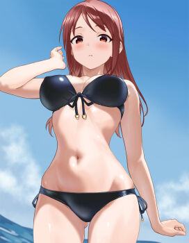 1girl bikini black_bikini blue_sky breasts brown_eyes brown_hair commentary_request day fascinate_kyrie front-tie_bikini_top front-tie_top highres idolmaster idolmaster_cinderella_girls long_hair looking_at_viewer mifune_miyu navel ocean outdoors parted_lips side-tie_bikini_bottom sky solo stomach swimsuit
