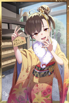 1boy 4girls absurdres ahoge brown_eyes brown_hair cat commentary_request ema floral_print floral_print_kimono flower fur-trimmed_kimono fur_trim grey_cat hair_bun hair_flower hair_ornament hand_to_own_mouth highres holding holding_ema japanese_clothes kimono looking_at_viewer multiple_girls nail_polish new_year obi obijime original pink_nails print_kimono sash short_hair signature single_hair_bun solo_focus temple tokumaro wide_sleeves yellow_kimono