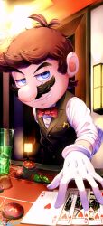 Rule 34 | 1boy, aoriao, black suit, bow, casino, casino card table, commentary, cup, drink, english commentary, facial hair, formal, gloves, highres, ice, mario, mario (series), mustache, new super mario bros., nintendo, poker, poker chip, red bow, signature, smile, smirk, smug, suit, super mario 64 ds, table, tagme