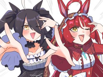 2girls ahoge animal_ears black_dress black_hair black_ribbon blunt_bangs borrowed_hairstyle bow brown_headdress chuunibyou collarbone commentary cosplay dress ears_through_headwear echieichi emphasis_lines frilled_headwear hair_over_one_eye hair_ribbon highres horse_ears horse_girl huge_ahoge idolmaster jewelry kanzaki_ranko kanzaki_ranko_(cosplay) long_bangs looking_at_viewer manhattan_cafe_(umamusume) multicolored_hair multiple_girls one_eye_closed pendant reaching reaching_towards_viewer red_desire_(umamusume) red_hair ribbon swept_bangs triangle_mouth twintails two-tone_hair umamusume upper_body waist_bow white_hair wide_sleeves yellow_eyes